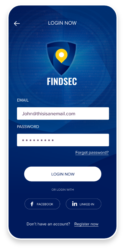 FindSec mobile app login screen